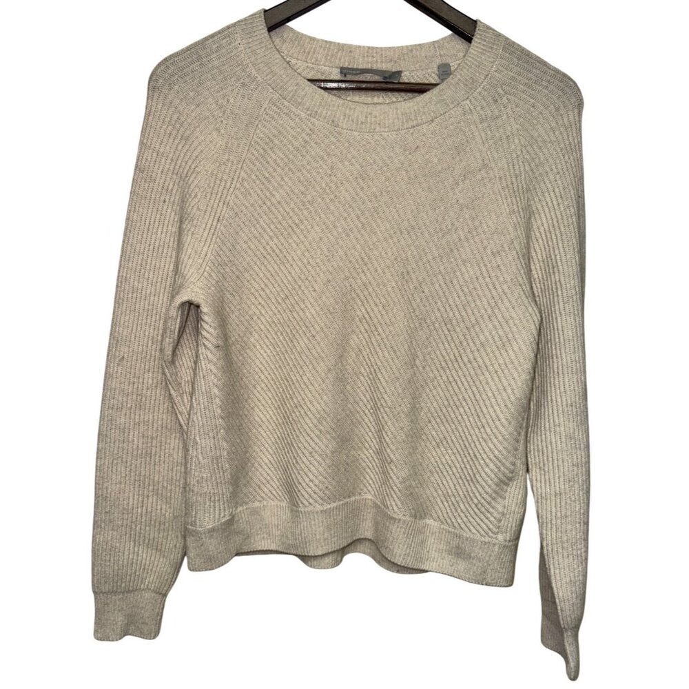 Vince Women's Sweater Diagonal Rib Crew Neck Wool Cashmere Blend Beige Small